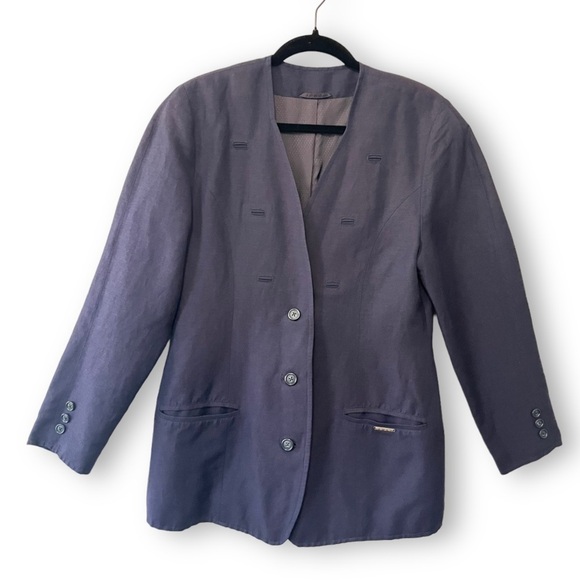 Vintage Geiger Collections Navy Blue Linen Blend Collarless Button Up Blazer - Picture 1 of 7